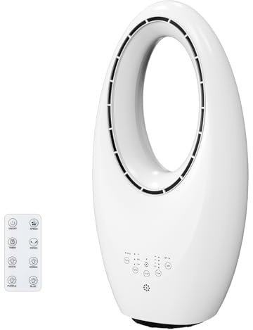 ROVSUN Ventilatore a colonna senza pale, 55 cm, ventilatore a torre silenzioso con illuminazione LED a 4 colori, oscillazione 80°, 3 velocità, timer 7,5H, telecomando + touch screen, design compatto