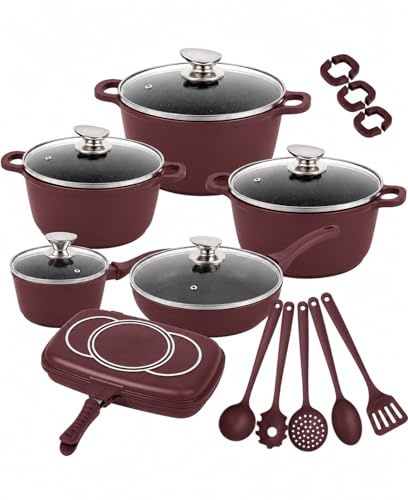 Set di Pentole 22 Pezzi Antiaderenti con Bistecchiera Batteria di Pentole e Padelle con Coperchi in Vetro, Manici Removibili, Mestoli in Silicone Per Tutti i Piani di Cottura, Induzione (Bordeaux)