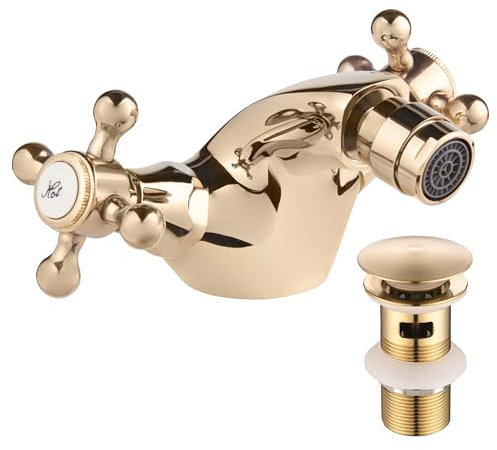 Deva TUD114/501 Tudor Bidet Mixer Tap in Gold with Pop Up Waste-Dual Cross Handle-Hot & Cold Victorian Era Deck Mounted Bathroom Basin Single Hole Brass Faucet-12 Year Warranty