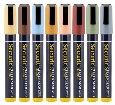 SECURIT - Set de 8 Rotuladores de Tiza Líquida - Para Superficies No Porosas (Pizarra, Vidrio, Metal, Espejo, etc.) - Punta Ancha 2-6 mm - Colores Tierra