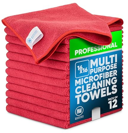 MW Pro Microfiber Cleaning Cloth | Red (12 Pack) | Size 16 x 16 | All Purpose Microfiber Towels - Clean, Dust, Polish, Scrub, Absorbent