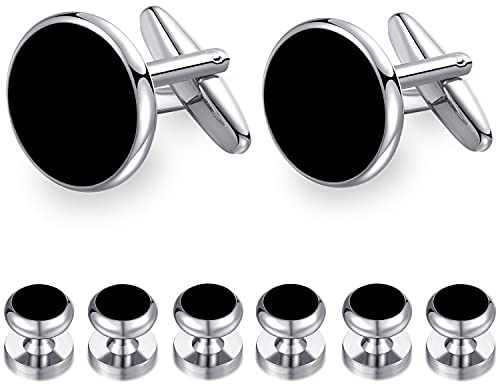 HONEY BEAR Herren Manschettenknöpfe 1 Paar und 4 Stück Frackknöpfe,MEHRWEG (Schwarz)