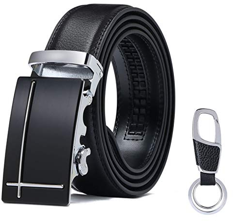 flintronic ® Cintura da Uomo in Pelle con Fibbia Automatica, Moda Cintura a Cricchetto 3.5cm * 130cm, con Portachiavi e Confezione Regalo