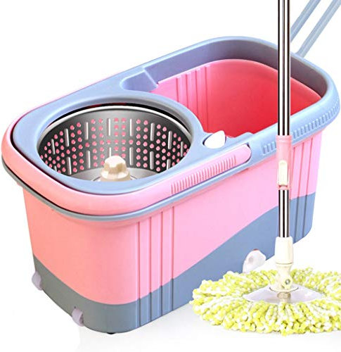 DWW Fregona giratoria de Acero Inoxidable sin Manos, con 2 recambios de Cabezal de fregona de Microfibra, dispensador de jabón, 4 Ruedas y Varilla Extensible (Color : Pink+Stainless Steel Plate 4)