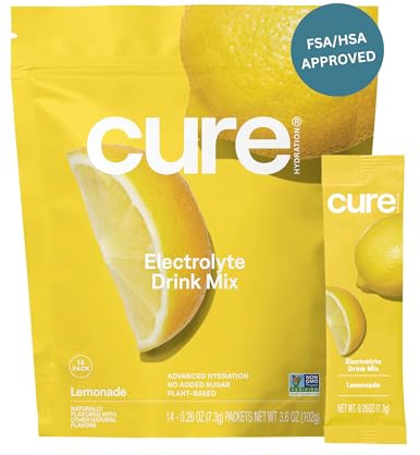Cure Hydration | Plant-Based Electrolyte Drink Mix | No Added Sugar | FSA-HSA | Dehydration Relief Powder Made with Coconut Water | Non-GMO | Vegan | Pouch of 14 Packets - Lemonade
