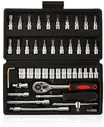 46-Piece 1/4 Drive Socket Wrench Set with Extension Bars, Flexible Rods, Quick Release Reversible Ratchet - Metric Tool Kit for Car Maintenance, DIY and Repairs