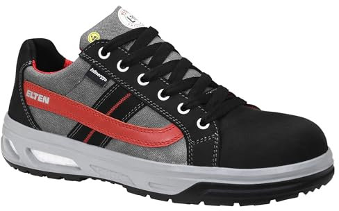 ELTEN Sicherheitsschuhe Newton XX10 Black Low ESD S2, Damen und Herren, Leder/Textil, Stahlkappe, leicht, sportlich 44, Schwarz-Rot