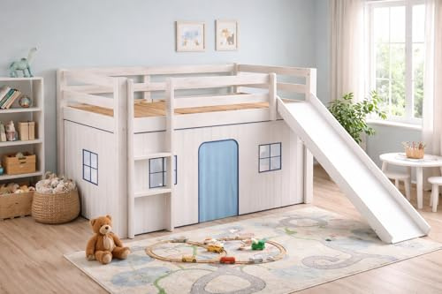 Vep Home - Cama Alta Infantil con Tobogán y Escalera - Madera de Pino Natural - Cama Infantil con Barras de Protección - Medidas 98x198x108,5 cm - Somier Incluido - Color Blanco Decapé
