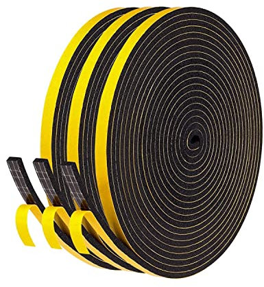 MOXVIO 15M Long Adhesive Weather Stripping for Doors, 6 mm x 12 mm, Window Foam Seal Strip Draught Excluder, 3 Rolls x 5M