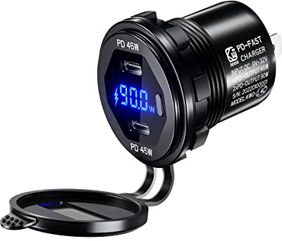 KEWIG USB Zigarettenanzünder Ladegerät, PD Type C Auto Ladegerät Dual Port 9V~32V 90W KFZ Ladegerät Adapter mit LED Digital Voltmeter Anzeige Switch Fit für Motorrad,Wohnwagen,Boot,LKW, Marine