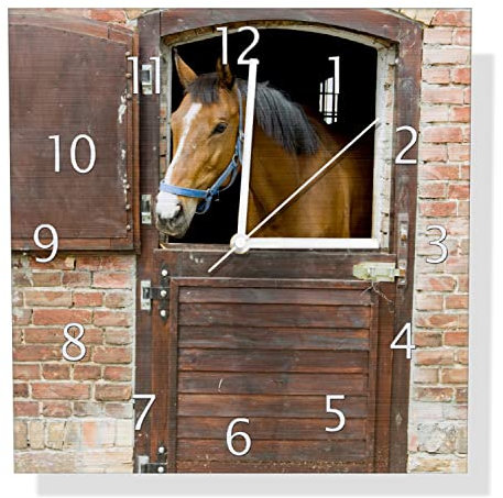 Wallario Design Wanduhr Pferd im Stall aus Aluverbund, Alu-Uhr Größe 30 x 30 cm, weiße Zeiger mit Metalloptik