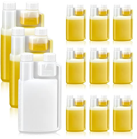 Lounsweer 12 Pcs Plastic Flask with Built in 1oz Shot Glass Graduated Chamber with Caps, Measuring Bottles One for Filling and One for Dispensing, to Store, Measure Dispense Liquids (17oz)