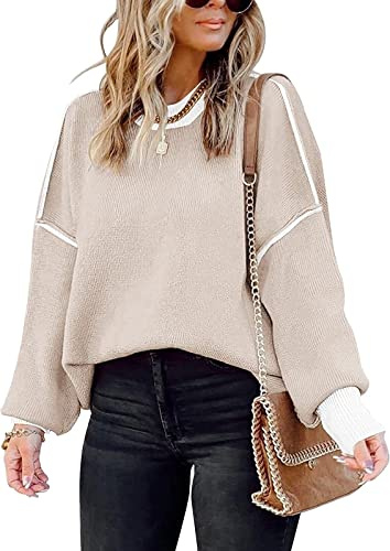 ETCYY Womens Oversized Sweaters Fall 2026 Fashion Clothes Trendy Batwing Sleeve Colorblock Striped Knit Pullover Tops,Apricot,Medium