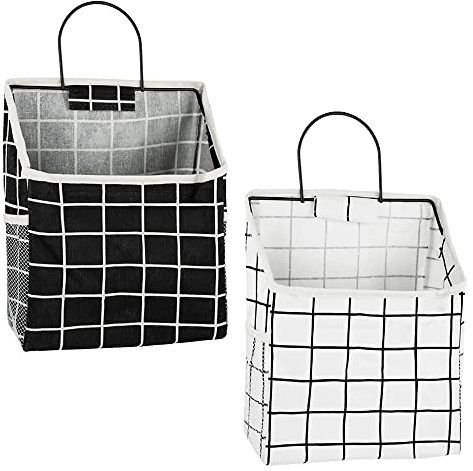 2 stycken dörrväggorganisatör, hängande korgar, organisatör, vikbart linnetyg, hängförvaring, med metallram, vattentät, för badrum, sovrum (svart, vit)