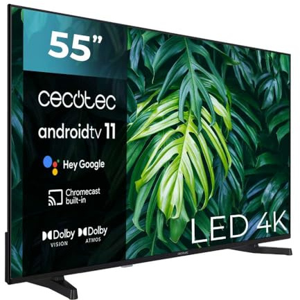 Cecotec TV LED 55 Smart TV A2 Series ALU20055S. 4K UHD, Android 11, Frameless, MEMC, Dolby Vision, Dolby Atmos, HDR10, 2 Haut-parleurs 10W, Modèle 2023