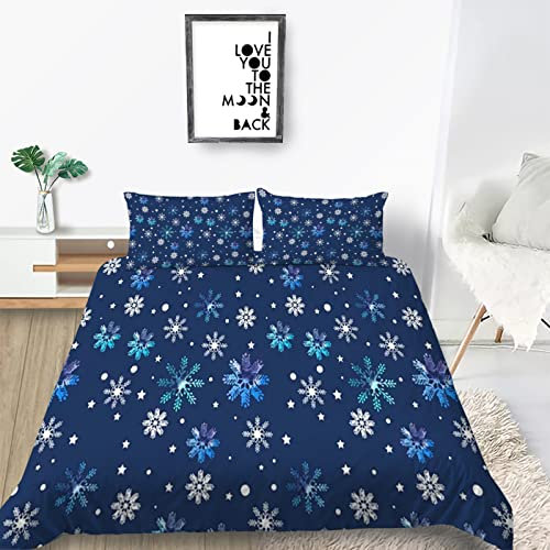 Bettwäsche 220x240 3 teilig Winter Bettbezug 220 x 240 Set mit Kissenbezüge, Winterbettwäsche 240x220 aus Mikrofaser Weich Bettwäsche Set mit Reißverschluss Blaue Schneeflocken