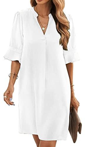 Famulily Vestido de mujer con cuello en V y mangas tres cuartos elegante de verano, casual, color liso, corto, tallas S-XXL, blanco, XL