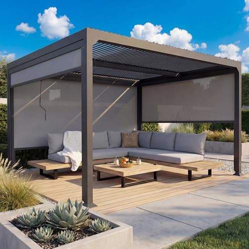 Alu Pergola HWC-L41AM mit 3X Seitenwand, Lamellen-Pavillon, stabiles 8cm-Metall-Gestell 3x3,7m - anthrazit