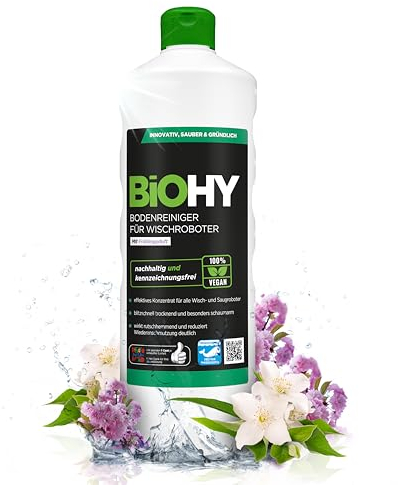 BiOHY Detergente per pavimenti per robot aspirapolvere con fresco profumo di primavera (Bottiglia da 1l) | Detergente concentrato per tutti i robot aspirapolvere | Senza schiuma e senza aloni