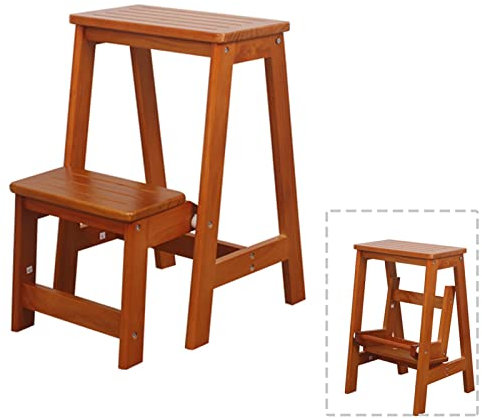 Klappbarer Tritthocker aus Holz mit 2 Stufen, Leiterstuhl, multifunktionale Klapp-Trittleiter, verbreiterter Hocker, Schuhbank/Blumenregal für den Küchengarten