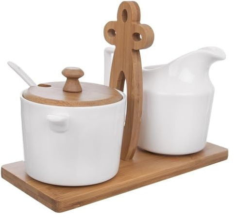orion group Zuckerdose und Milchkännchen mit Holzständer Milch- und Zuckerset 3 El.