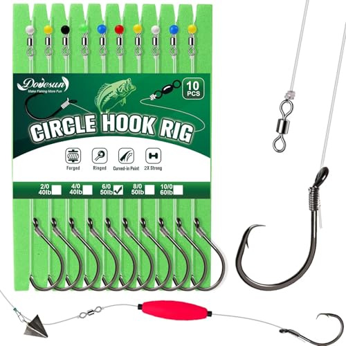 Dovesun 10 Stück Circle Hooks Rigs Angelhaken mit Vorfach Angelhaken Set Hakenlöser Angeln Wels-Rig für Salzwasser Süßwasser Forellenhaken 6/0