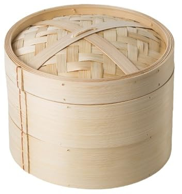 Jarsense Vaporiera in bambù da 18 cm, a due livelli, con coperchio in bambù e 2 cestini in bambù, ideale per cucina asiatica, panini, gnocchi, verdure, pesce
