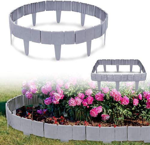 HENGMEI 7.5m Rasenkante Kunstoff Beeteinfassung Beetumrandungen Steinoptik Mähkante Palisade für Blumen Gartenzaun Decorativ 30 Stücke 25x23cm (L x H), Grau
