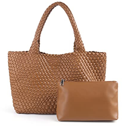 Handgefertigte gewebte Tasche für Damen, veganes Leder, Tragetasche mit Geldbörsen, Reise-Umhängetasche, Unterarmtasche, Braun, Einheitsgröße