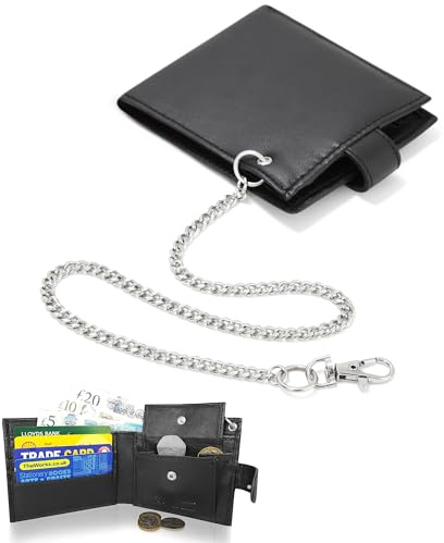 Woodland Leathers RFID-blockierende Herren-Geldbörsen – Echtleder-Geldbörsen für Herren mit sicherer Kette, RFID-geschützt und Münzfach, schwarze Geldbörse im Biker-Stil, perfektes Geschenk für
