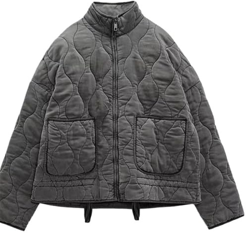 Y2K - Chaquetas de plumón con cuello alto para mujer, abrigos acolchados de invierno con aislamiento estético, acolchado, manga larga, ropa linda, Gris, M