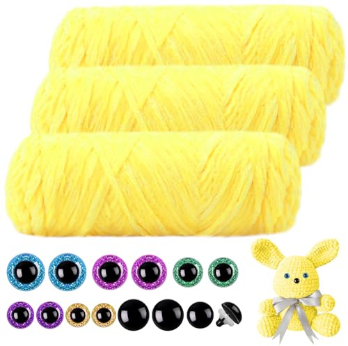 Mngevcy 3 x 150 m Chenille Wolle zum Häkeln, Flauschige Wolle, Weiche Chenille Garn mit 14 Sicherheitsaugen für Stricken (Leuchtend gelb)