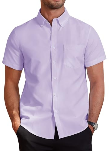 J.VER Men's Short Sleeve Shirts Smart Casual Non Iron Cotton Shirt Regular Fit Button Down Oxford Business Wedding Office Work Summer Shirt Purple M