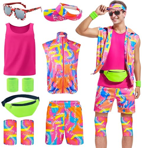 BITOYO Déguisement Année 80 Homme Set, Mens 80s Training Costume avec Sac à Ventre, Chapeau à Visière, Bracelets de Poignet, Protège Genoux et Lunettes pour Carnaval, Halloween ou Cosplay (XL)