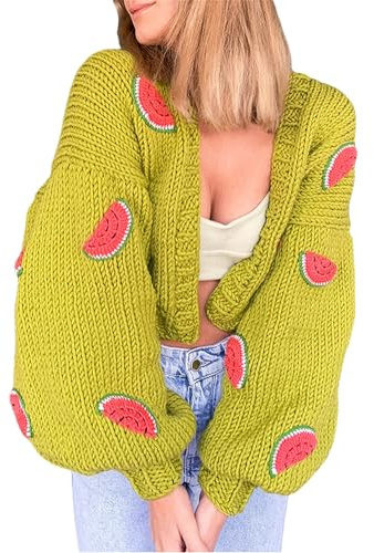 SANSIWU Damen Strickjacke Y2K mit 3D-Früchten, bestickt, langärmelig, niedlicher V-Ausschnitt, Knopfleiste, Strickjacke, Outwear, Melonengrün, M