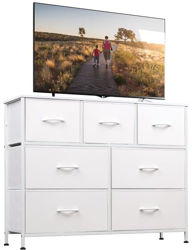 WLIVE Weiß Kommode mit Schubladen, komode Schlafzimmer, 7 Stoffschubladen | Kommoden & Sideboards mit Stabiler Stahlrahmen, Breites TV-Möbel mit Holzplatte, Einfach zu Montieren, Weiß