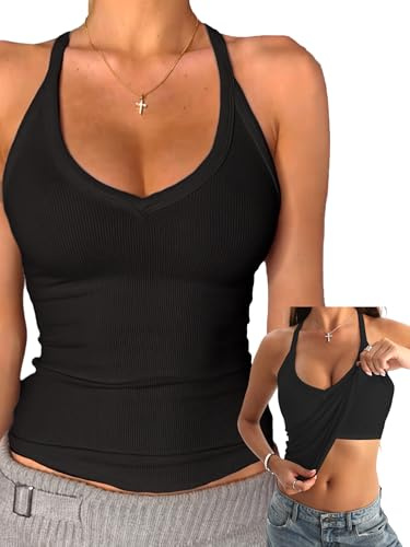 Danysu V Neck Racerback Built-in Bra Tank Tops for Women Trendy Cotton Ribbed Basic Halter Top Black M