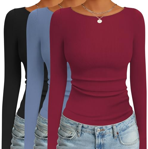 Ekouaer 3 Pack Womens Long Sleeve Shirts Boat Neck Ribbed Thermal Undershirts Lightweight Basic Top Black/Wine Red/Blue XL