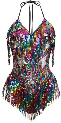 IMEKIS Rave Outfits for Women: Fringe Sparkle Stars Party Bodysuit Music Festival Clothing Alien Adults Sexy Fairy Space Cowgirl Shiny Jumpsuit Concert Rainbow Black Small