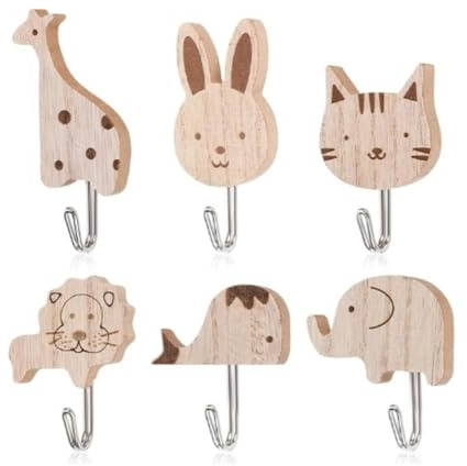 XFSRG Perchero Infantil Pared Madera Animales Diseño Adorable Colgador Adhesivo Bebé Dormitorio Perchas Adhesivas Fuertes Decoración Infantil (6 piezas)