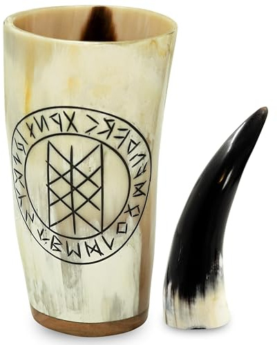 Viking Drinking Horn Mug with Norse Runes & Burlap Bag | Handcrafted Ox Horn Tankard for Mead, Ale, Beer & Wine | 6.8 oz Medieval Style Cup Gift for Men & History Lovers