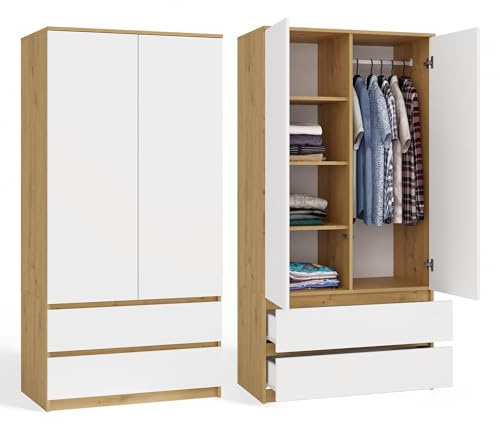 CDF Kleiderschrank 90 cm breit Kinderzimmer Schlafzimmer 2 Schubladen | Zweitürig, Flurschrank, mit Regalen, Kleiderstange, laminierte Platte 16 mm, Eiche Artisan - Weiß, Garderobe, Flur