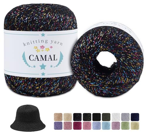 CAMAL 2 Stück Metallic Häkelgarn Dünn Garn 200m x 2 Glitzer Baumwolle zum Häkeln, Metallic Baumwollgarn zum Häkeln für Kleidung, Mützen, Schals, DIY-Projekte (Buntes Schwarz)