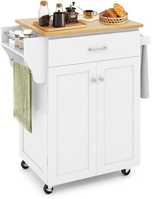 GOPLUS Isla Cocina con Ruedas, Mueble Cocina Auxiliar con Cajón, Armario, Estantes Ajustables, Especiero y Toallero, Carrito Cocina Versátil con Diseño Moderno y Elegante para Hogar Bar Salón