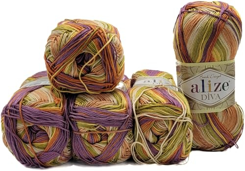 5 x 100 Gramm Ilkadim Export Diva Batik Strickgarn mehrfarbig mit Farbverlauf, 500 Gramm merzerisierte Strickwolle Microfiber-Acryl (lila ocker grün ua 8027)
