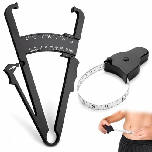 Livawnd 2 PCS Body Fat Calipers, Skinfold Caliper and Body Measuring Tape with User Manual, Portable Accurate Black Fat Tape Measure Tool Set for Women & Men Weight Loss BMI Measurements (Black)