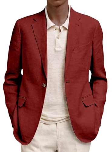 Chaqueta blazer para hombre, tela de lino de algodón, ajuste regular, cierre de dos botones, patrón de espiga, abrigo deportivo versátil para trajes, Vino, L