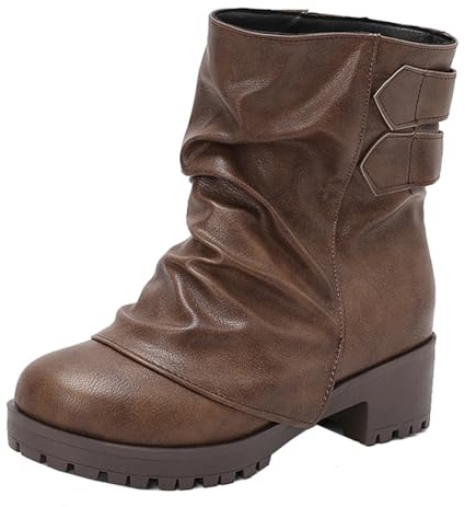 Mo Joc Botines para mujer, hebilla de cinturón y tacón de bloque, tacón de 4,5 cm, caña de 16 cm para comodidad de invierno, marrón oscuro, 40 EU