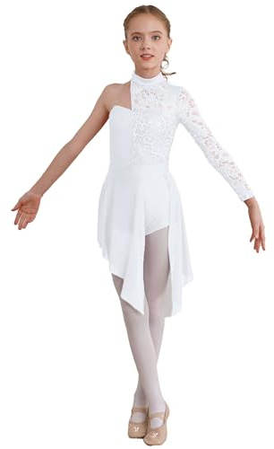 Jugaoge Girls Single Long Sleeve Lace Patchwork Lyrical Dance Dress Modern Contemporary Dancewear Jumpsuit White 9-10 Years