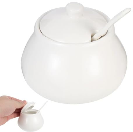 jojofuny Ceramic Sugar Bowl with Lid and Spoon White Storage Jar | Coffee Bar Container for Sugar Salt Spices and Condiments in Home Kitchen Dining Table or Restaurant Service